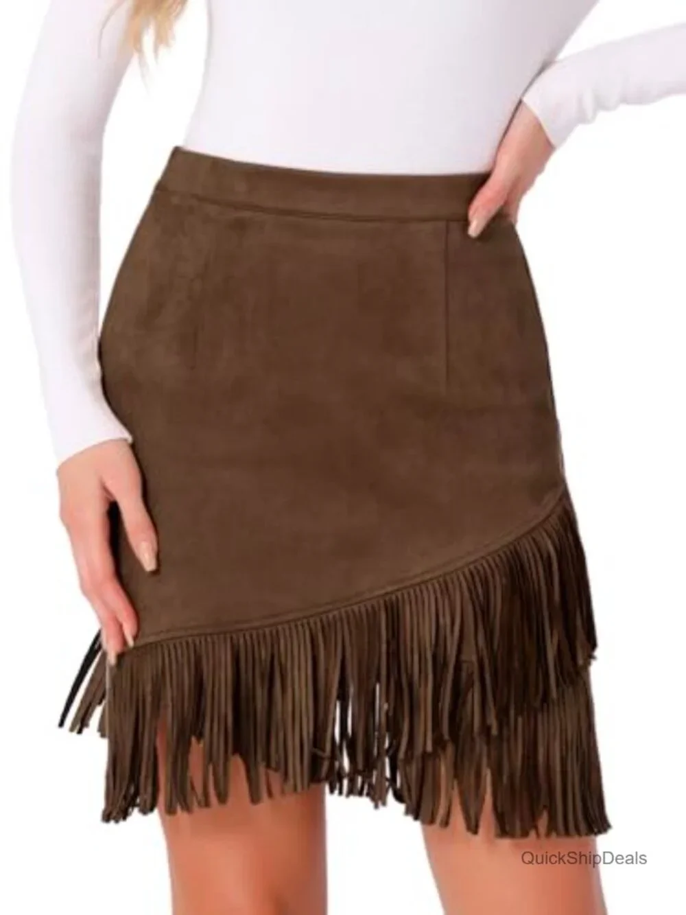 Faux Suede High Waist Fringe Trim Stretch Bodycon Mini Skirt